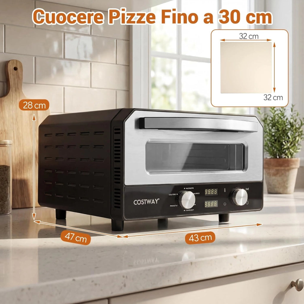 Forno Pizza Elettrico, 1700 W Macchina per Pizza Professionale con 6 Modalità Preimpostate Taglierina e Pietra Refrattaria, Raggiunge fino 400°C, 43x47x28 cm