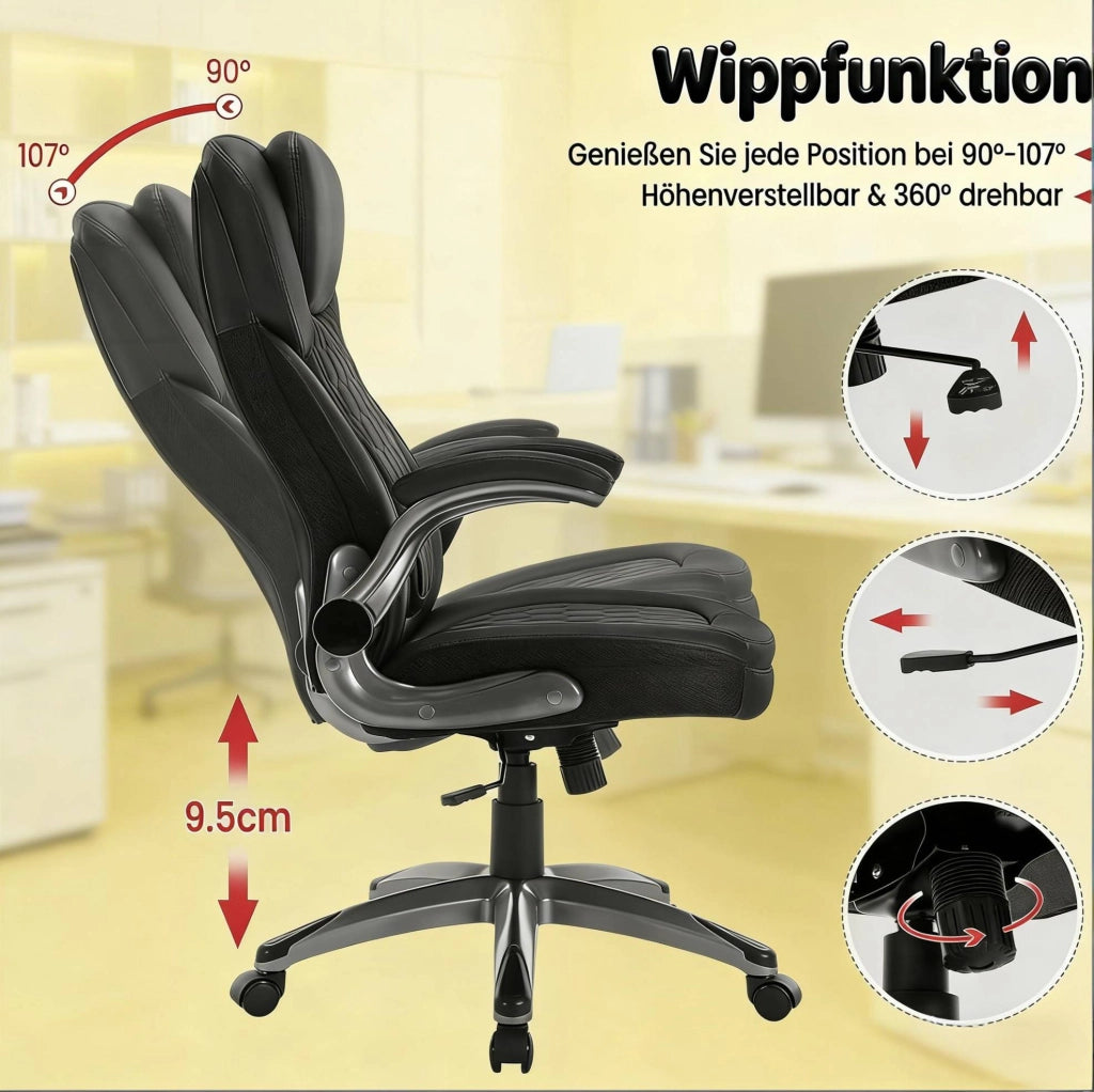 Sedia da ufficio ergonomica nera con schienale alto e funzione dondolo