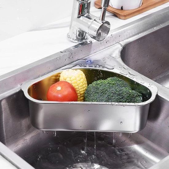 Piastra di scarico per lavabo - Set di raccogliacqua a forma triangolare con dispositivo di fissaggio e ripiano di stoccaggio per asciugamani e detersivo