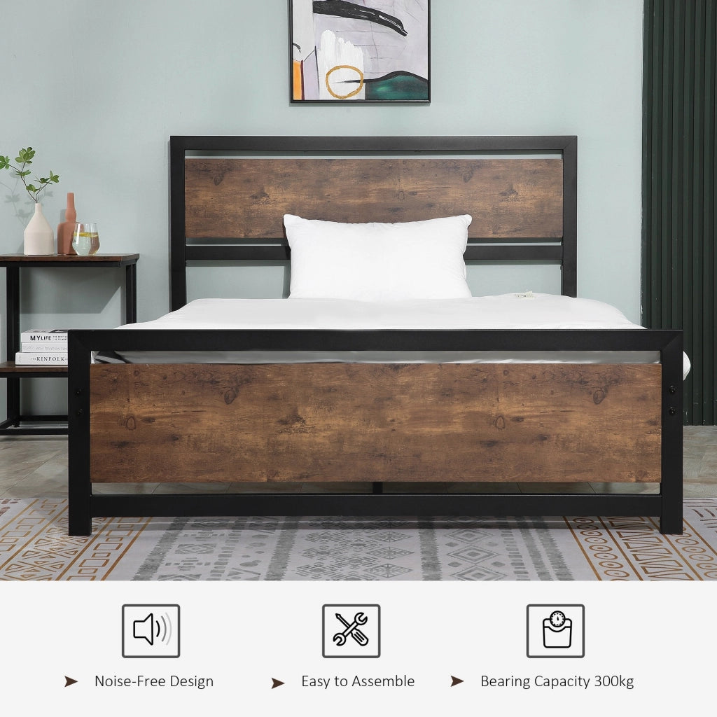 Struttura Letto Una Piazza e Mezzo 140x200 cm in Acciaio con Doghe Integrate Nero e Marrone Rustico