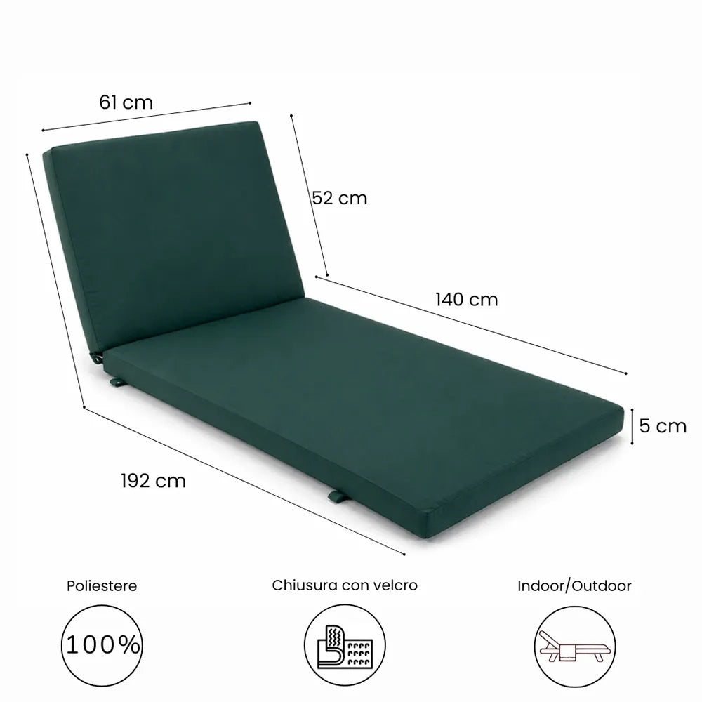 Cuscino per lettino da esterno 192x61 cm con schienale reclinabile e velcro in poliestere – Verde