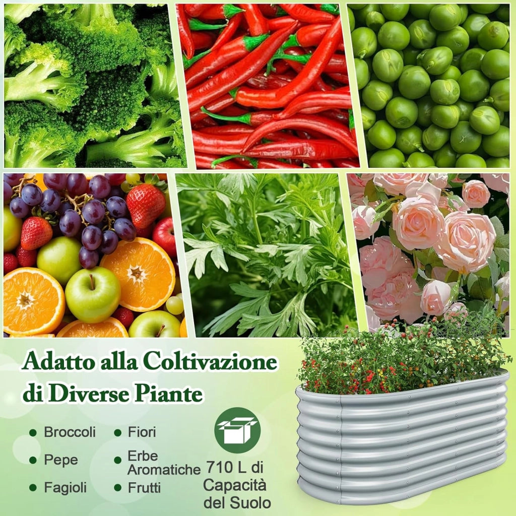 Letto da Esterno Rialzato in Metallo, Aiuola Rialzata in Ovale con Design a Fondo Aperto, Protettori d'Angolo Rinforzati, Orto Rialzato da Esterno per Verdure, Fiori, Erbe Aromatiche (Grigio)