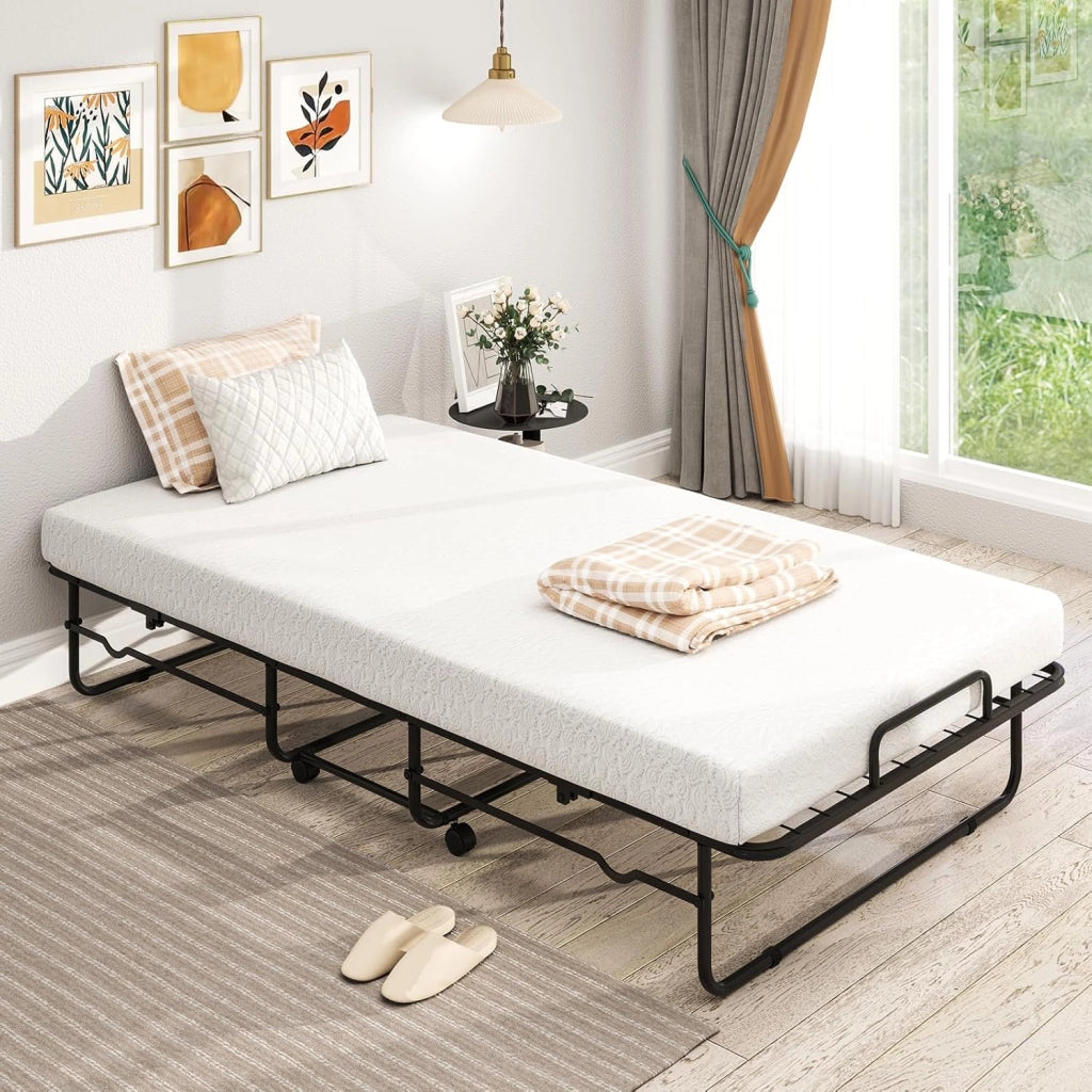 Letto Pieghevole con Materasso, Letto Singolo Pieghevole per Ospiti con Memory Foam e Struttura in Metallo, Letto Brandina con Ruote, 190 x 90 cm, Carico 220 kg