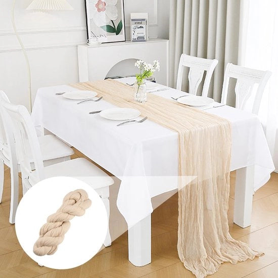 Tela di stoffa per tavola in chiffon, Tela di stoffa per tavola, Tela di stoffa per tavola in chiffon, Tela di stoffa per tavola beige, Stoffa per tavola lunga e romantica a mezza visibilità per matrimonio, baby shower, festa, decorazione per tavola.