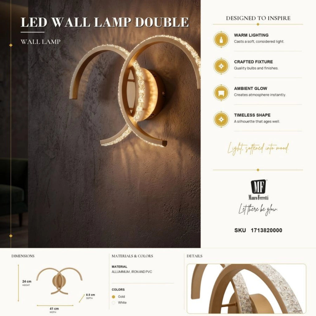Lampada a parete Glam con doppia curva luminosa in oro