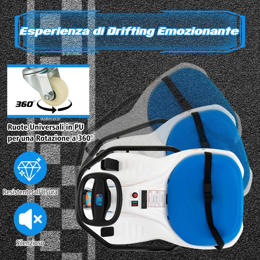 24 V Go Kart per bambini, Auto Drift con Giro a 360°, con Connessione Wireless USB Radio Musica e 3 Bandierine, Avviso Lento, 9-15 km/h, per Bambini 3+ Anni