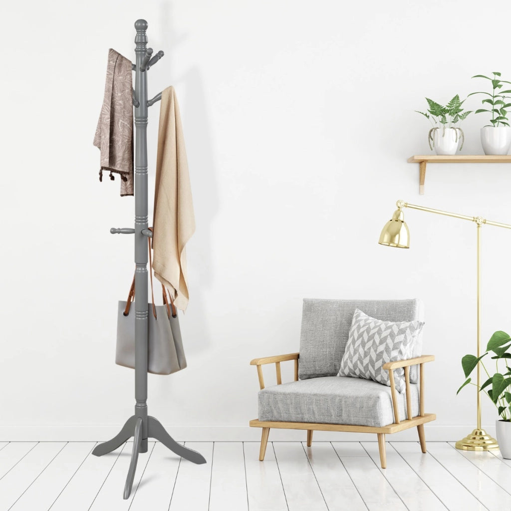 Attaccapanni ad albero in legno di gomma con 9 ganci, Appendiabiti da ingresso  altezza regolabile50x50x175cm Grigio-Appendiabiti