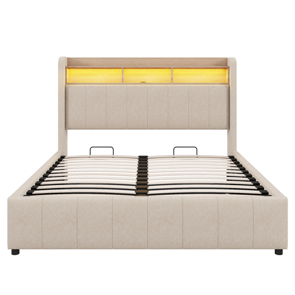 Letto imbottito 140x200 cm; LED e contenitore; lino beige