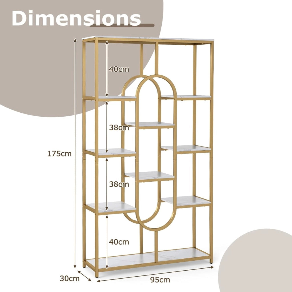 Libreria geometrica per carichi pesanti con telaio in metallo e protezione antiribaltamento, scaffale divisorio per libri, riviste e piante, 95 x 30 x 175 cm (bianco + oro)
