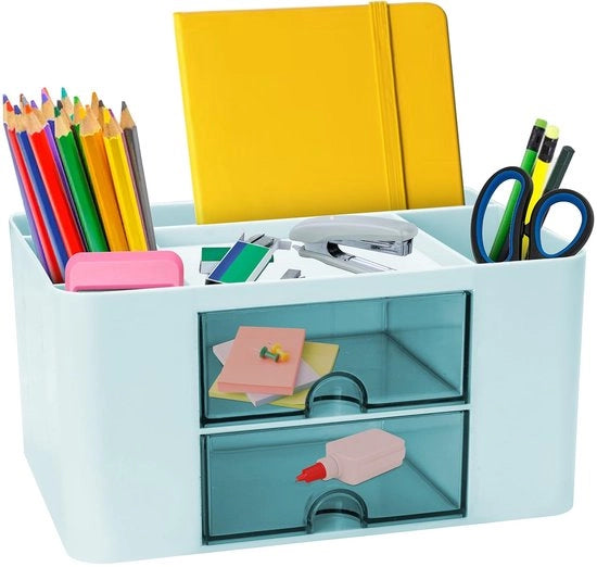 Organizzatore per ufficio con ante, contenitore multifunzionale con 7 vani per penne, organizzatore per ufficio con 7 vani per penne, contenitore per ufficio multifunzionale per casa, ufficio e scuola (blu)