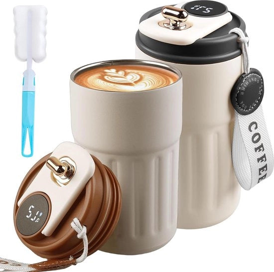 Thermos per caffè 450 ml in acciaio inossidabile con termosifone a vuoto con display digitale della temperatura - set di pentole rimovibili - set di pentole con spazzola - caffè caldo e freddo - color nero moka.