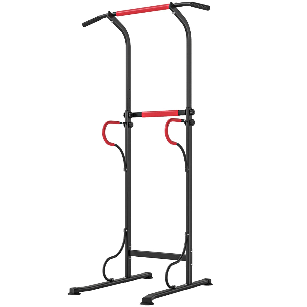 Power Tower Dip Station, Barra per Trazioni Power Tower Stazione Fitness Multifunzione con Altezza Regolabile 171-219cm, Nero Rosso