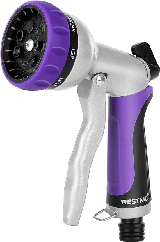 Douchetta per giardino, douchetta metallica ad alta pressione per giardino, 7 funzioni testa di getto regolabile e flusso d'acqua regolabile per tubi d'irrigazione per irrigazione giardino, lavaggio auto, violet