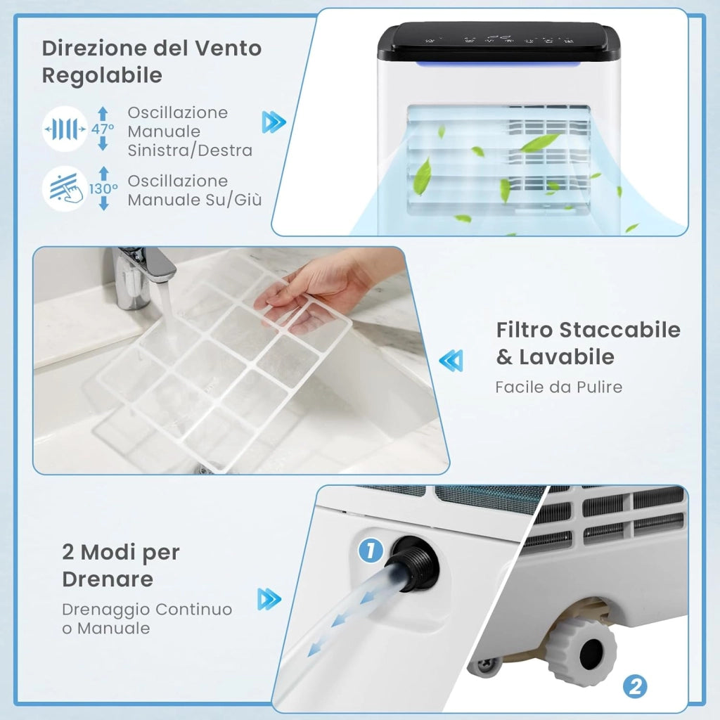 Condizionatore Portatile Caldo e Freddo, 9000BTU/2,6 kW, 5 in 1 con Raffreddamento, Riscaldamento, Ventola, Deumidificazione e Modalità Sonno, 24H Timer, R290