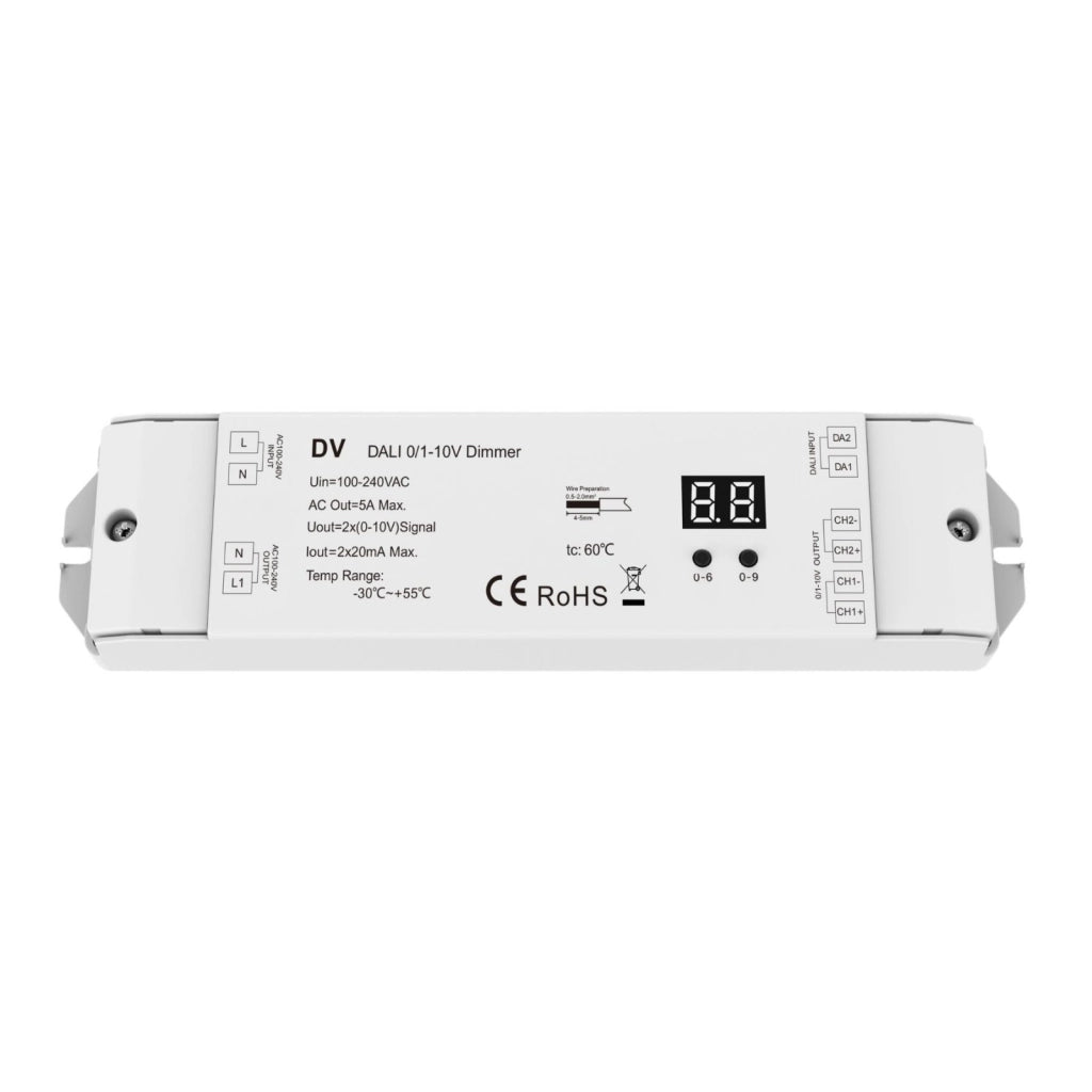 Convertitore DALI a 0-10V 1-10V, 2 Canali con Relè AC Integrato, Display Digitale, Input AC 220V, per Driver 0/1-10V e Luci LED Monocolore