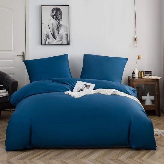Set di lenzuola in cotone, 200 x 200 cm, blu denim, composto da 3 pezzi, 1 coperta da letto con 2 cuscini in 80 x 80 cm