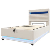 Letto Contenitore Singolo 90x200 cm con USB; Type-C; LED Regolabile e Testiera Beige