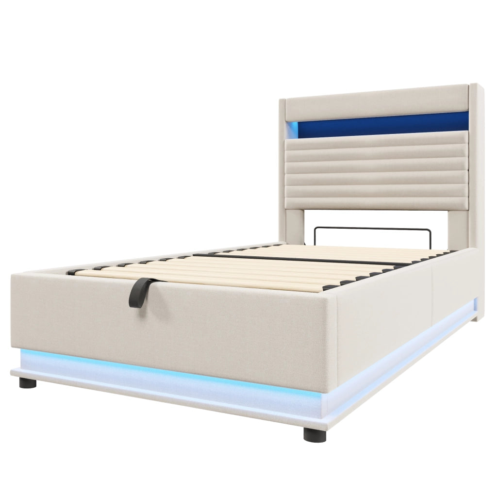 Letto Contenitore Singolo 90x200 cm con USB; Type-C; LED Regolabile e Testiera Beige