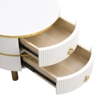 Tavolino 2-in-1 Rotondo in MDF con 1 Piano Bianco e 1 Piano Marrone in Vetro Temperato, Tavolini con 2 Cassetti per Soggiorno, Bianco