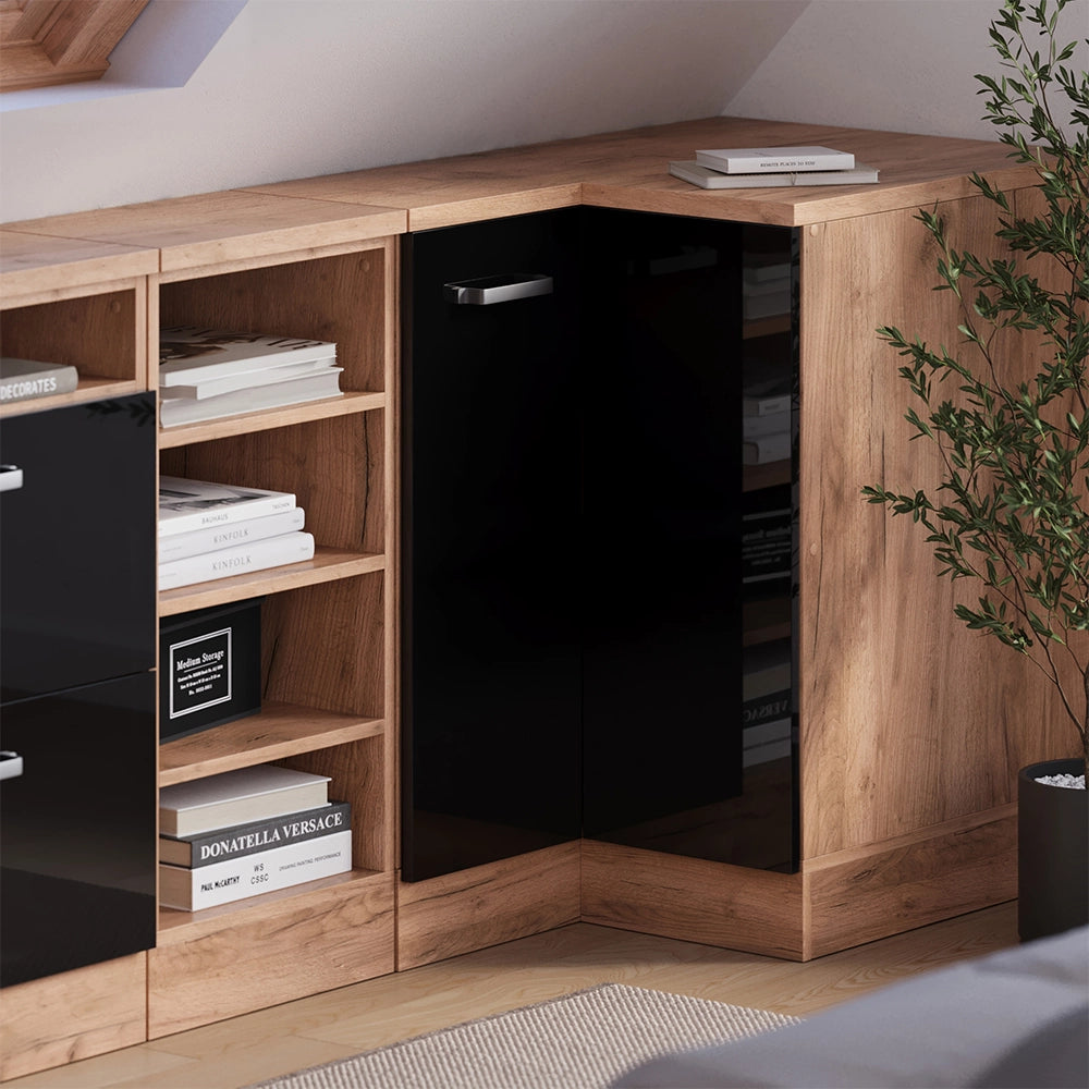 Mobile sottotetto Mobile angolare Rion Nero lucido/Rovere dorato 75.6 x 83.8 cm con 1 porta, carcassa dell’armadio profondità 60 cm Vicco