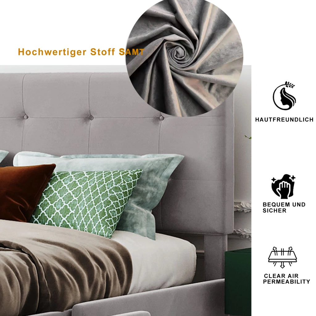 Letto con Cassetti; Contenitore - 4 Cassetti; Struttura in Acciaio e Tessuto - Grigio