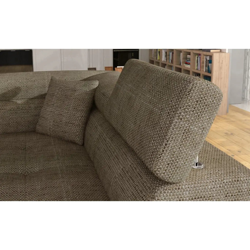 Divano ad angolo convertibile MENTON beige bouclé – 4 posti con vano contenitore e poggiatesta