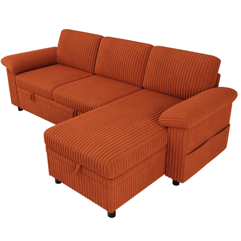 Divano angolare letto con contenitore; schienale regolabile e USB in corduroy arancione