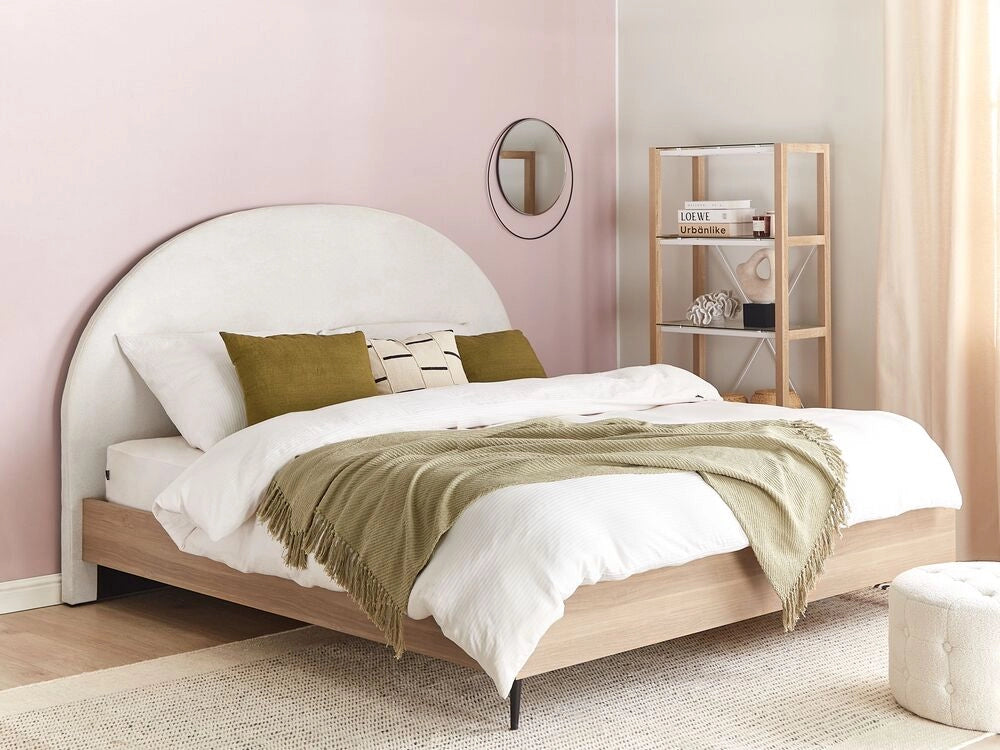 Telaio del letto in tessuto bianco e beige UE Dimensioni 160 x 200 cm Testiera imbottita Telaio in MDF Gambe in metallo Base a doghe in legno Camera da letto in stile moderno