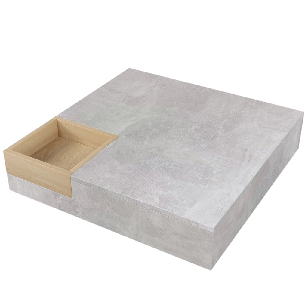 Tavolino da caffè 72x72x30 cm con box contenitore estraibile; grigio cemento e legno