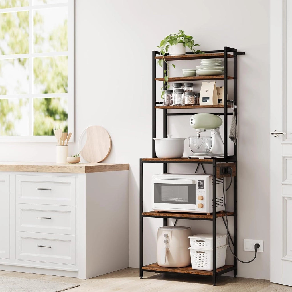Scaffale da Cucina a 6 Livelli con Prese di Corrente, Scaffale per Microonde con Struttura in Metallo e Piano di Lavoro Aperto, Nero+Marrone Rustico, 60x39,5x167cm