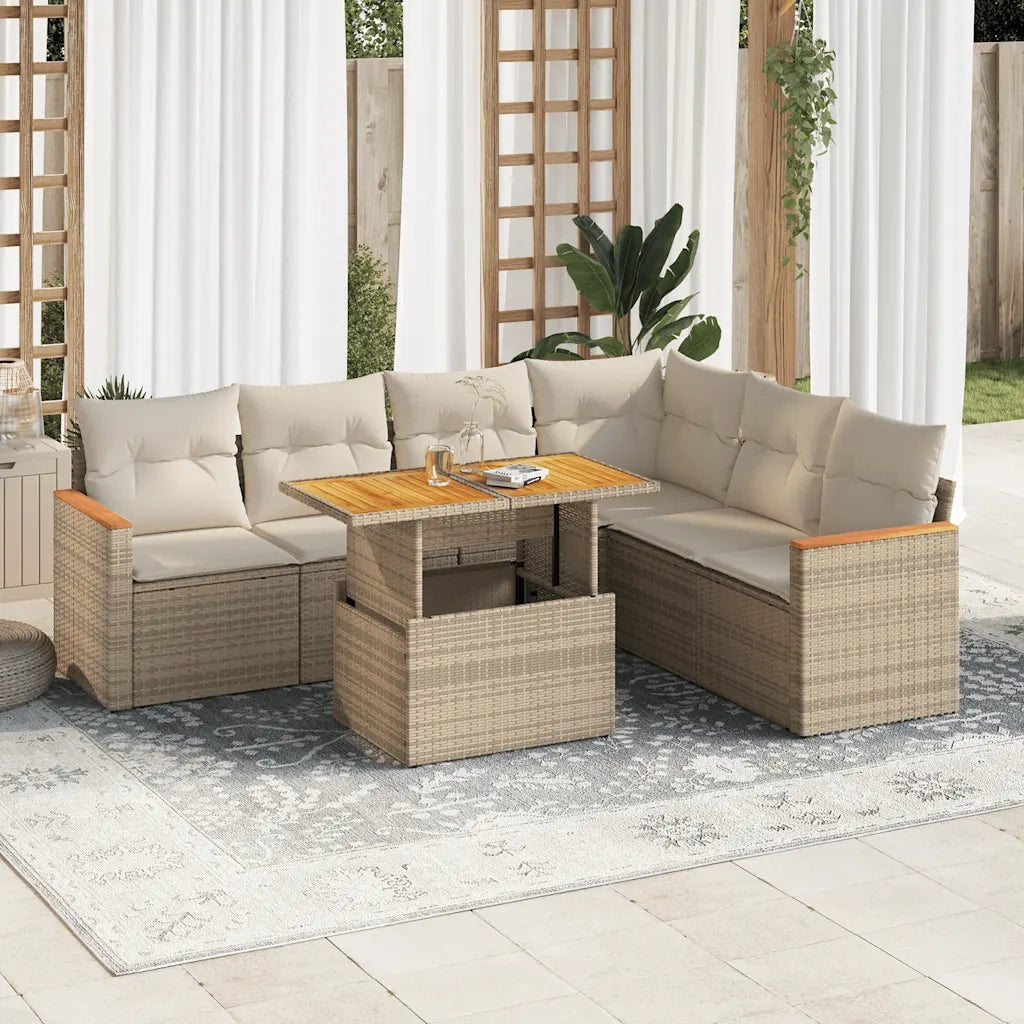 Set Divani da Giardino 7 pz con Cuscini Beige Polyrattan Acacia 3327495