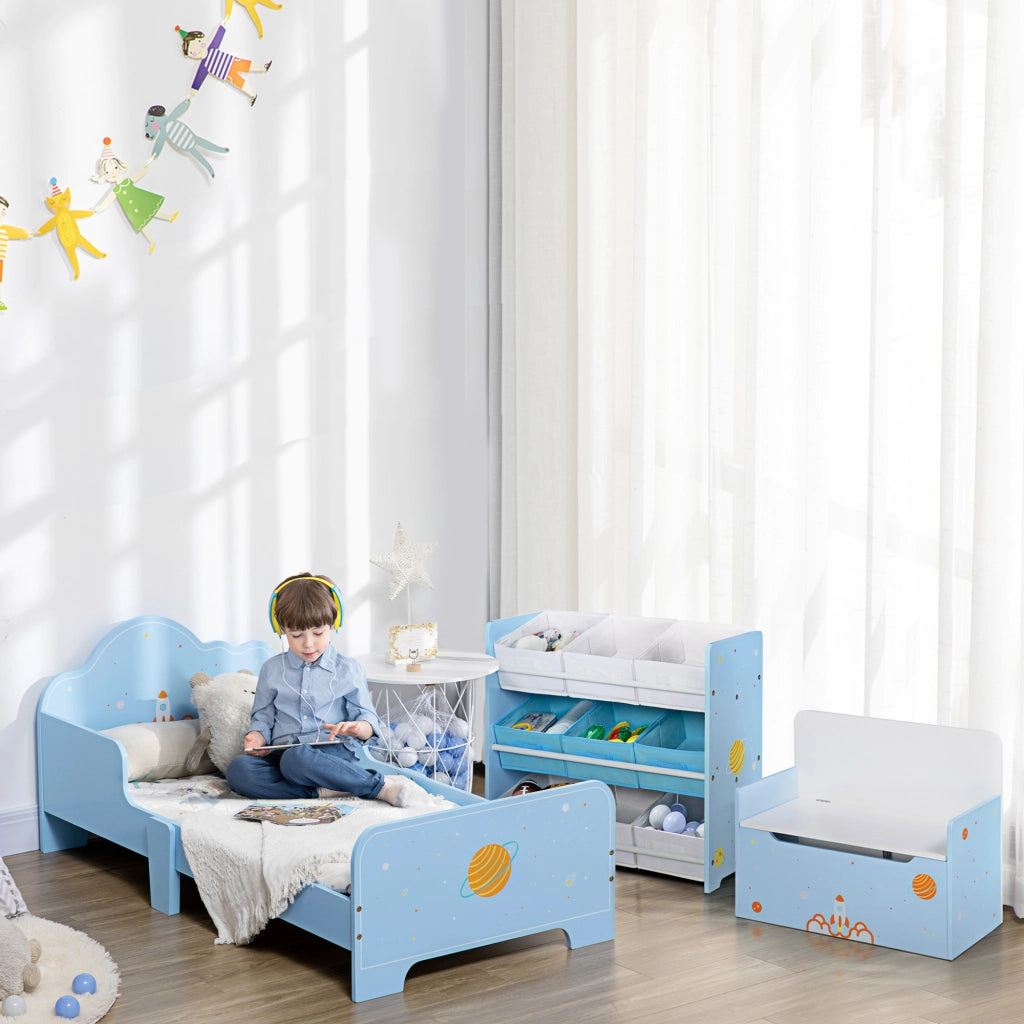 Mobiletto Portagiochi 63x30x60cm con 9 Cestini Rimovibili in MDF e Tessuto Azzurro