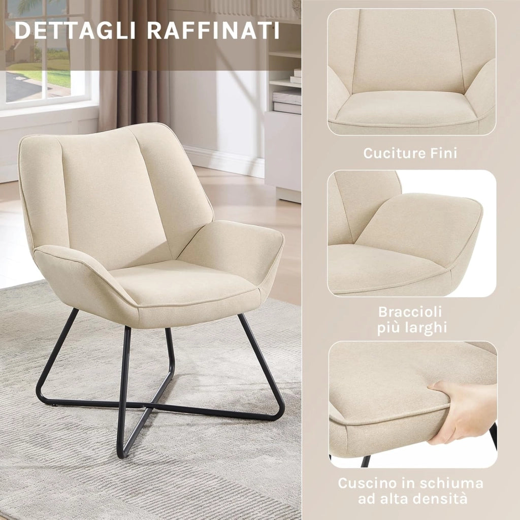 Poltroncina Camera da Letto, Poltrone Salotto, in Lino, con Gambe in Metallo, Portata 150 kg, Beige