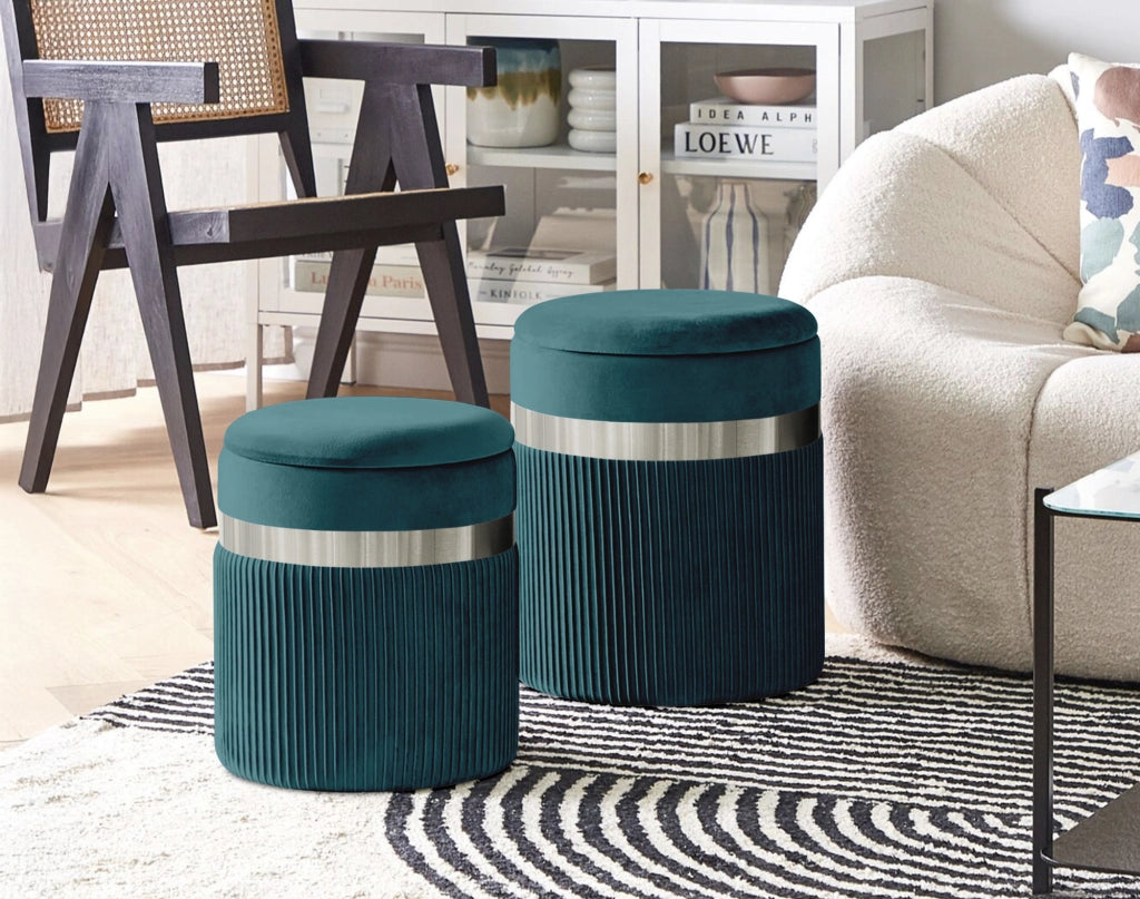 Set Di 2 Pouf Contenitori In Velluto Design Moderno Poggiapiedi,Sgabello Tondo con Coperchio Rimovibile e Seduta Imbottita Alta DensitÃ  Con Fascia In Metallo Contenitore Capiente Storage Box Petrolio
