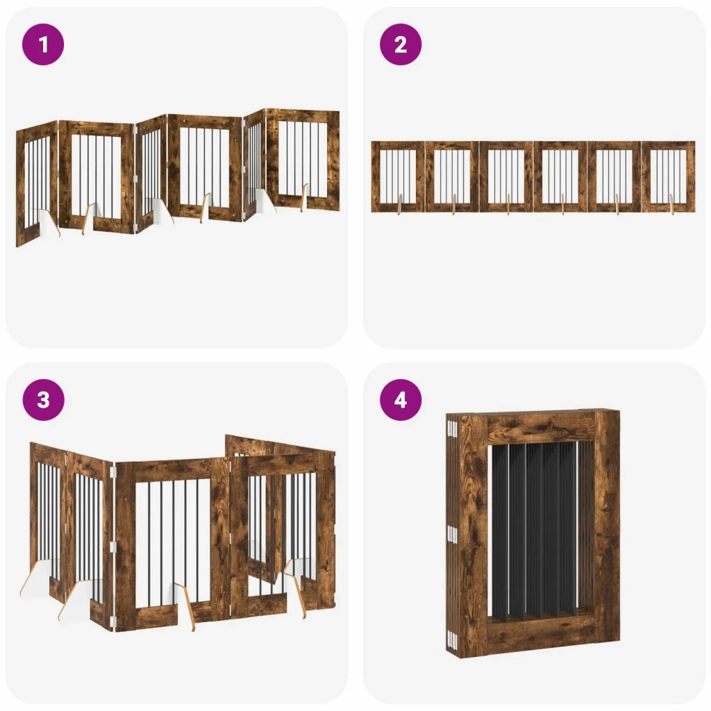 Cancello per cani pieghevole con supporti 6 pz Rovere Fumo 892105
