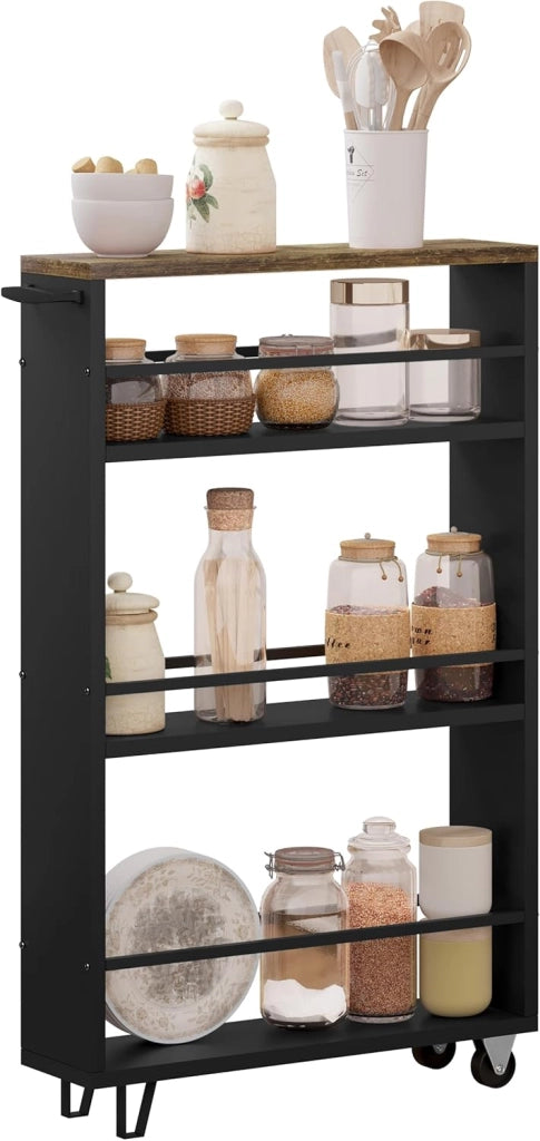 Carrello da Cucina a 3 Ripiani, Scaffale Stretto con Ruote Bloccabili e Maniglia, Carrellino Salvaspazio Multiuso in Legno e Metallo, Nero e Marrone Vintage