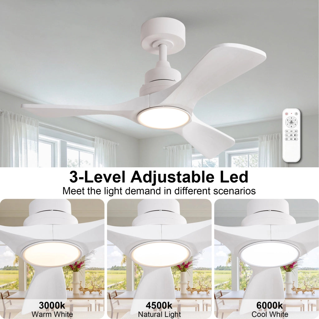 Ventilatore da soffitto bianco puro 36 pollici, 3 pale ad elica rinforzate in legno massello, motore DC reversibile silenzioso, design moderno