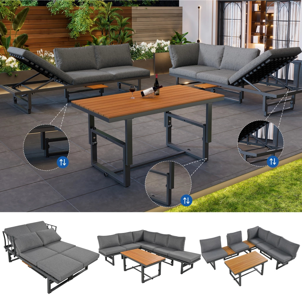 Set Divano da Giardino 3 Pezzi con Tavolo ¨C Xylo ¨C Polyrattan, Legno Acacia, Cuscini, Grigio