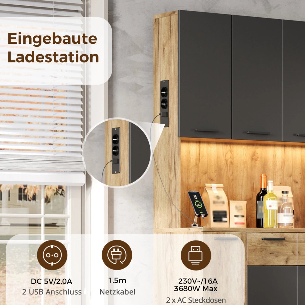 Credenza alta da cucina con LED RGB, prese e ripiani estraibili