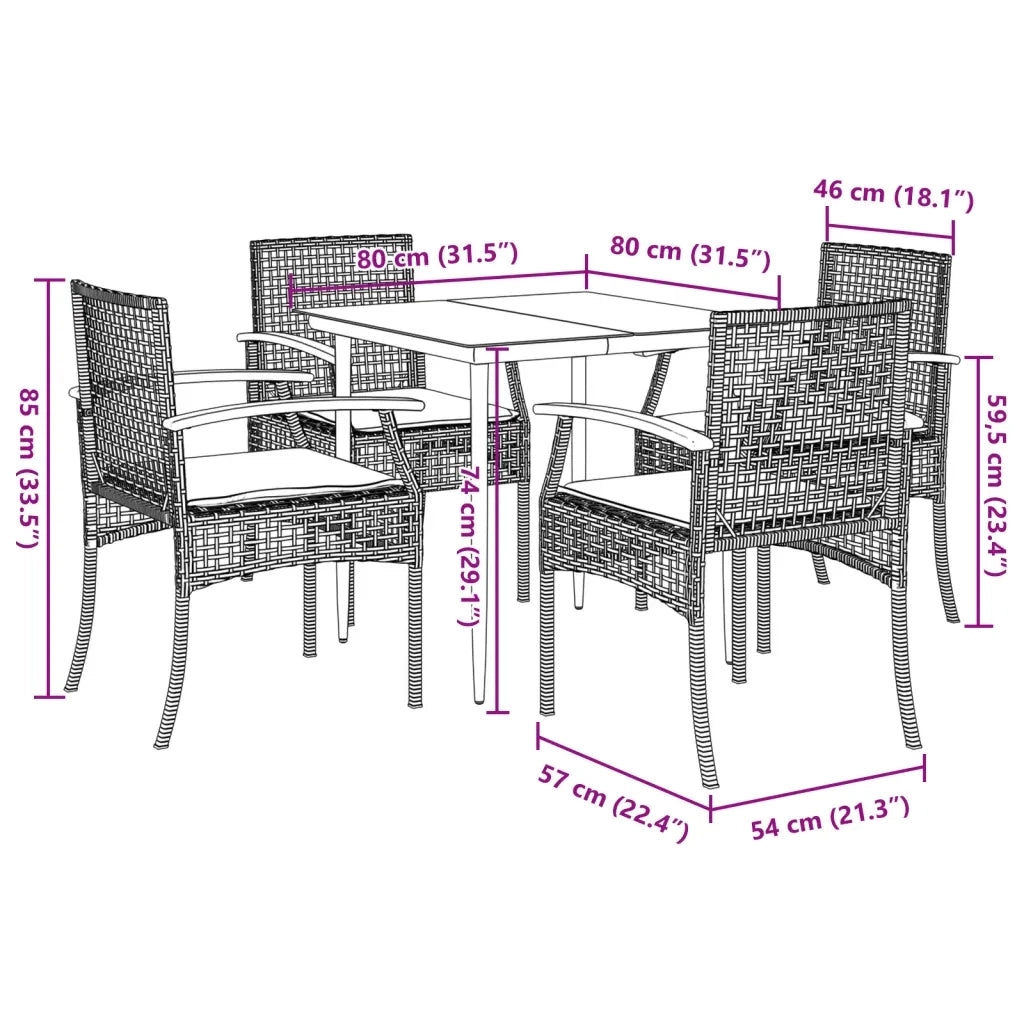 Set da Pranzo da Giardino 5 pz Nero con Cuscini in Polyrattan 3213597