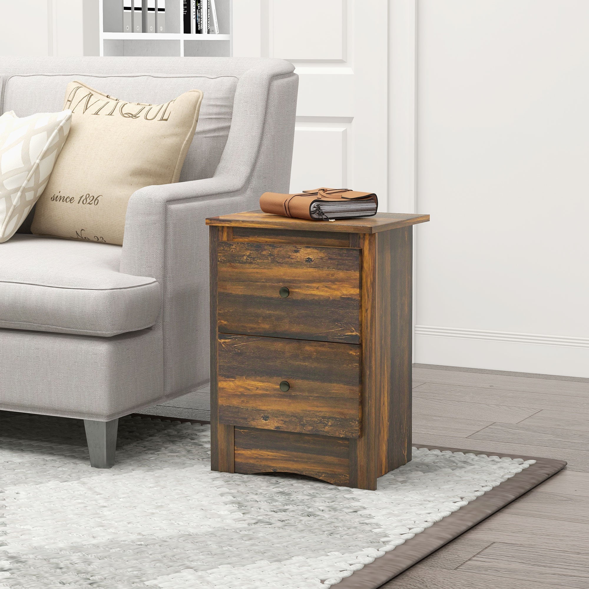 Comodino 2 Cassetti Stile Rustico 40x30x56 cm Marrone