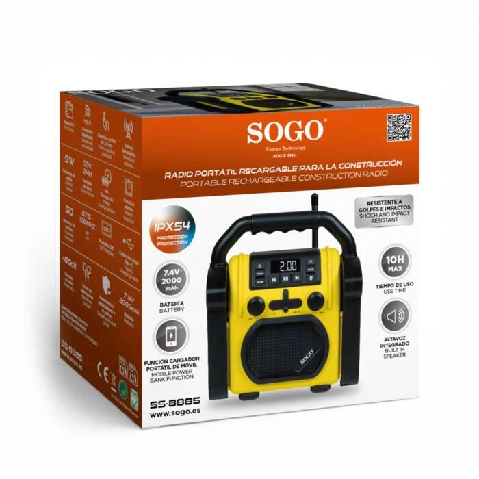 Radio da cantiere ricaricabile, Bluetooth 5.4, FM 87.5-108 MHz, batteria 2000mAh, 10h autonomia, protezione IPX54 - SOGO