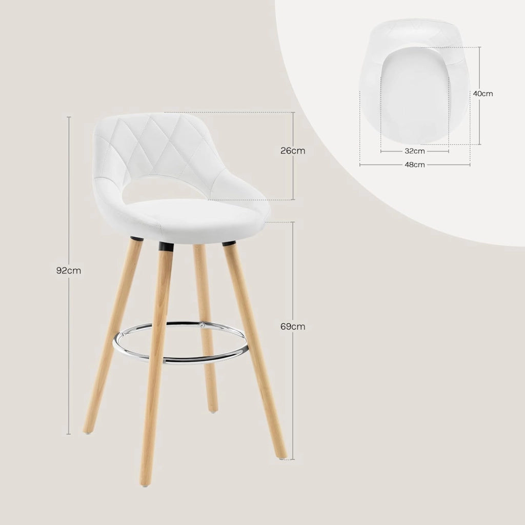 Sgabelli da Cucina Set di 2, Sgabello da Bar per Colazione, Sgabelli Alti con Poggiapiedi e Schienale, Sedile in Pelle Sintetica+Gambe in Legno, Bianco, BH111ws-2