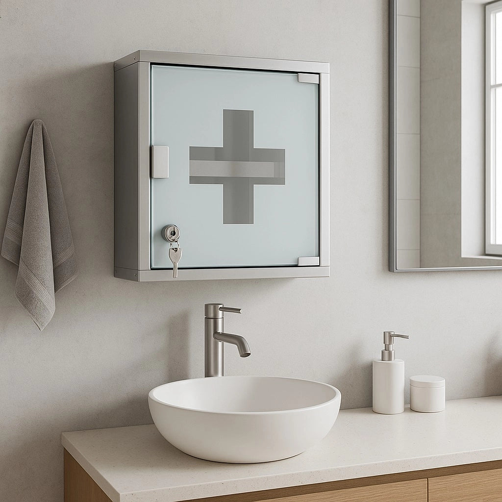 Armadietto Porta Medicinali Acciaio Inox e Vetro Satinato 30x30x12 cm con Chiave