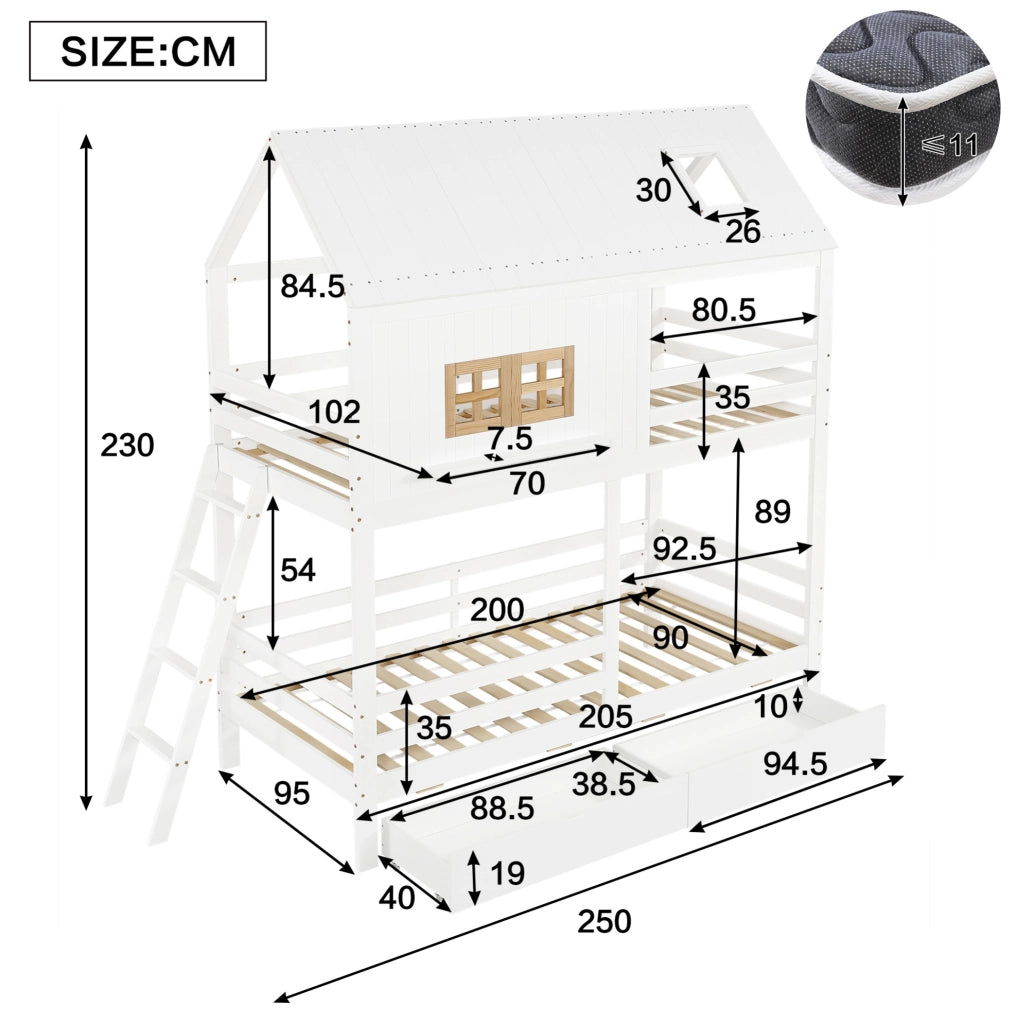 Letto a castello per bambini 90x200 cm con 2 cassetti