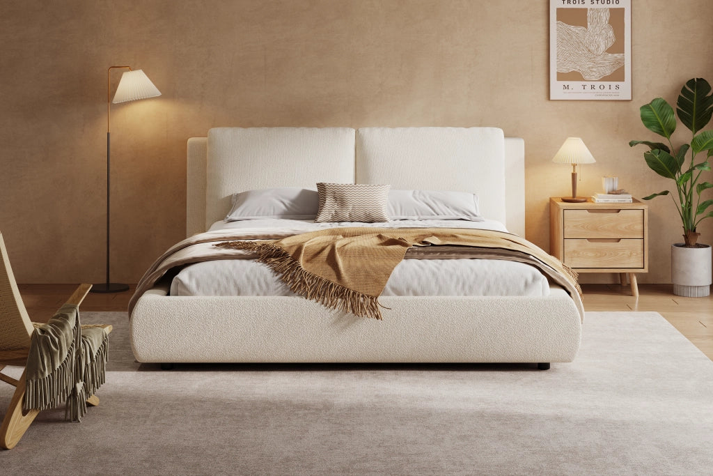 Letto imbottito con contenitore, testiera ergonomica e rete a doghe, rivestimento Bouclé beige