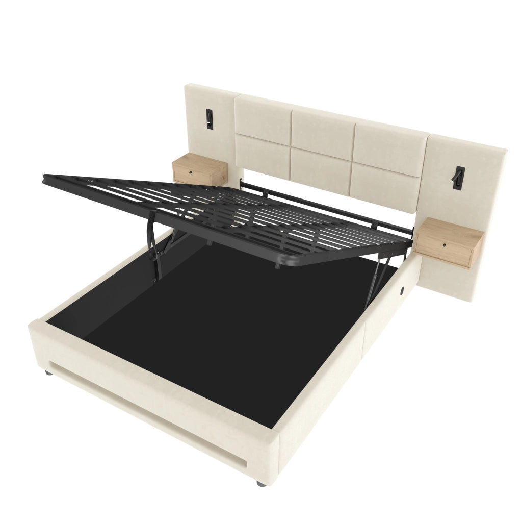 Letto contenitore 180x200 cm beige in velluto, contenitore idraulico e USB-C
