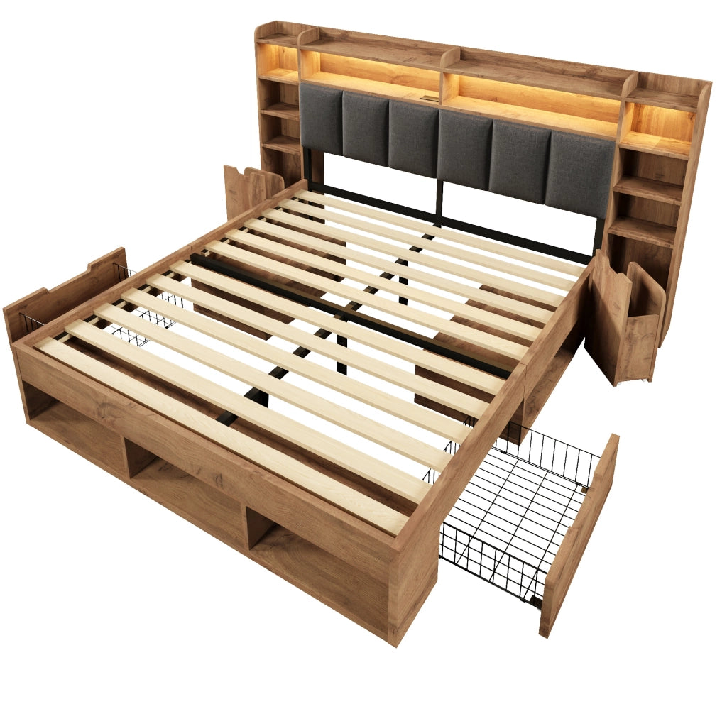 Letto matrimoniale 160x200 cm effetto rovere con LED; porte USB e USB-C; contenitore