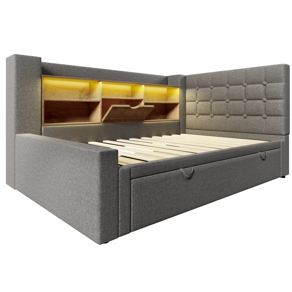 Letto estraibile 90x200 cm con secondo letto 90x190 cm; LED e porte USB; tessuto grigio
