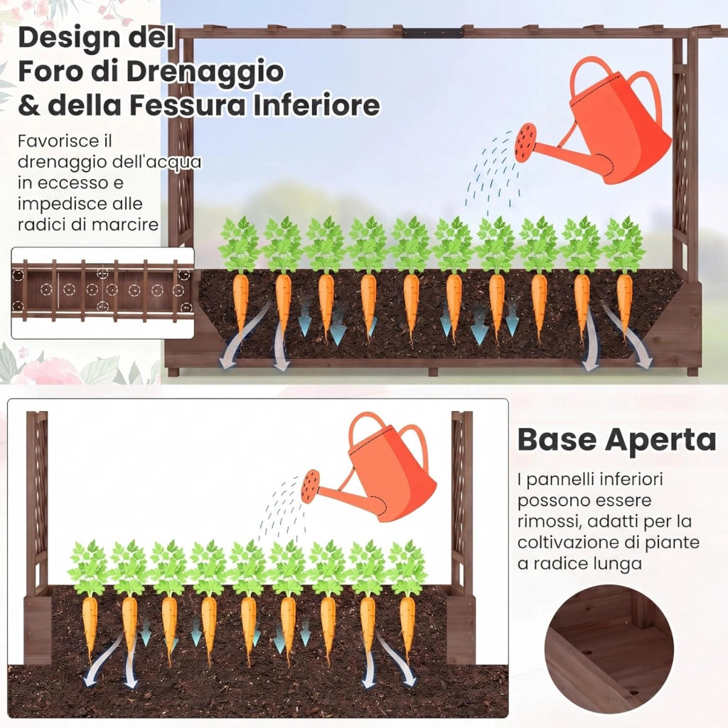Fioriera Rialzata con Grigliato, Aiuola Rialzata con Traliccio per Piante Rampicanti e Fori di Drenaggio, Orto Elevato da Giardino, Terrazzo e Cortile (Marrone,200 x 44 x 114 cm)